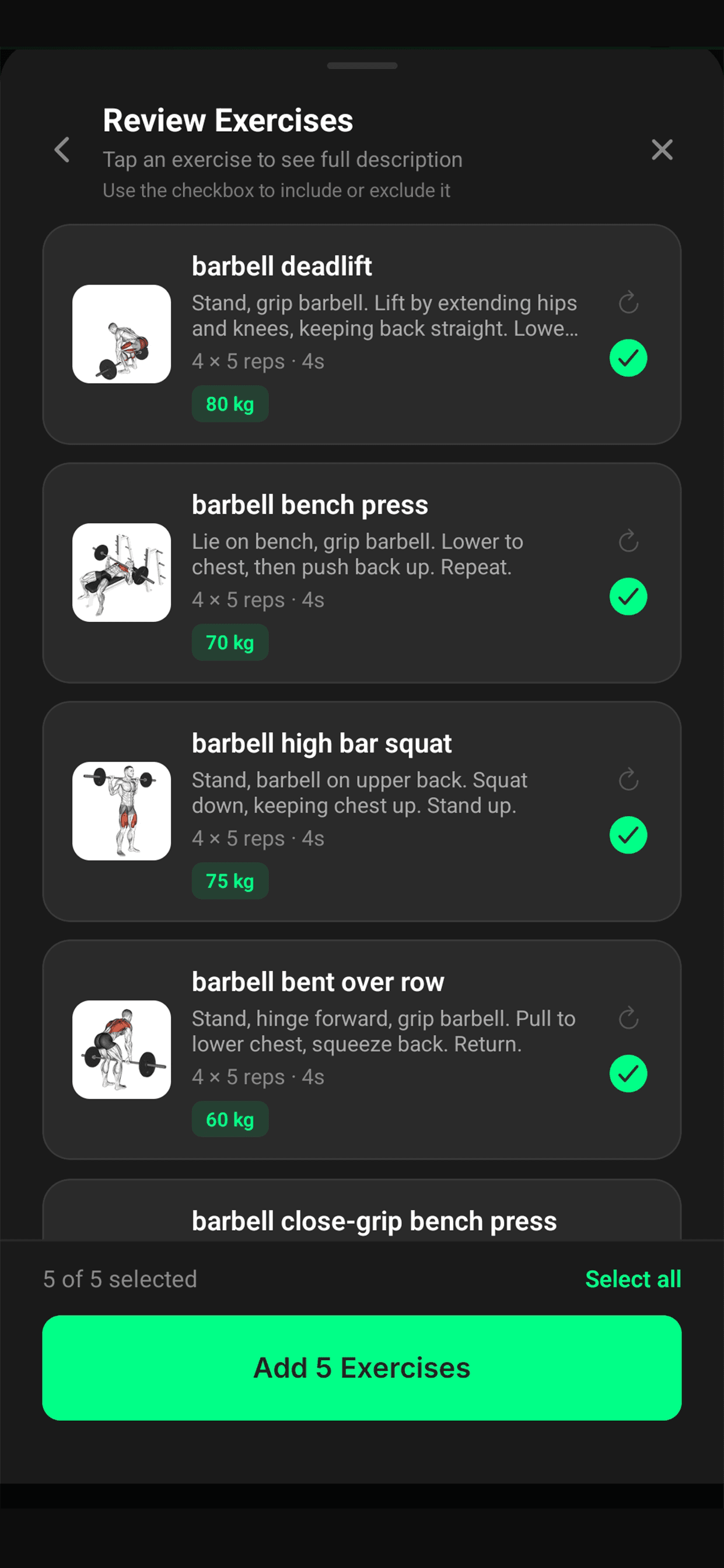 Exersix app screen